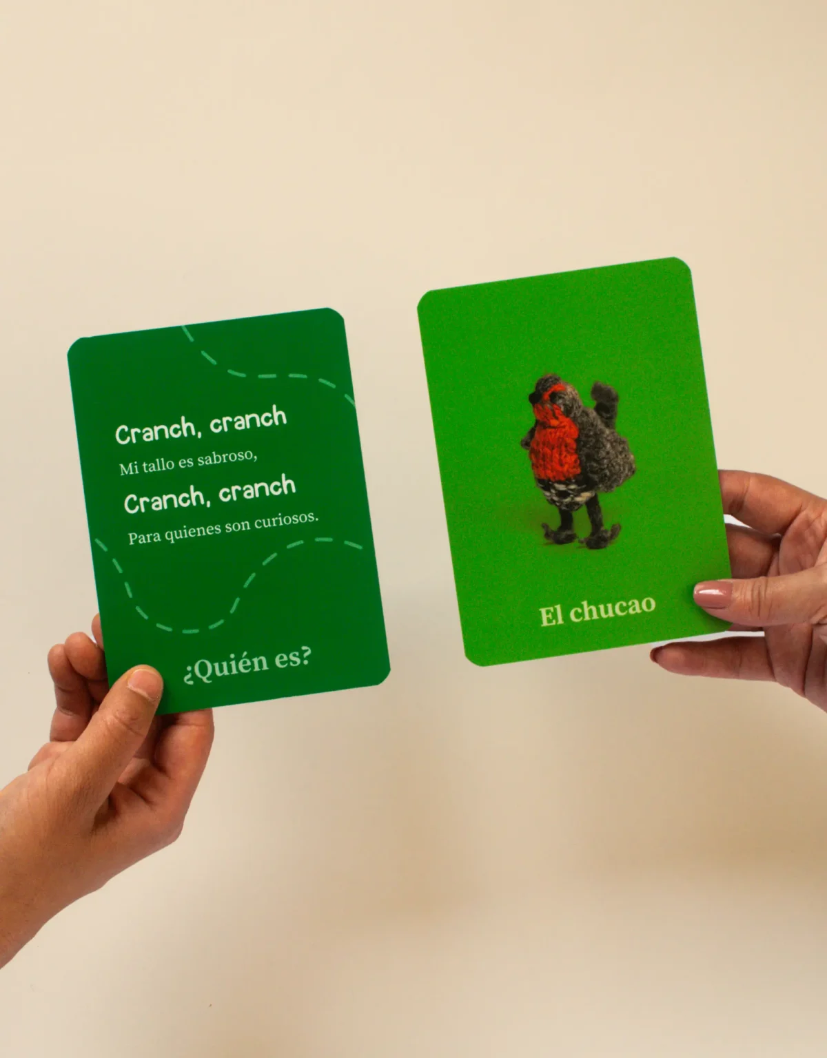 Manos sostienen dos tarjetas de color verde, en una de ellas aparece una adivinanza, en la otra una imagen de un pájaro chucao tejido.